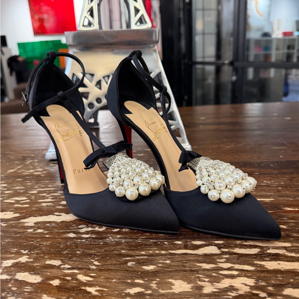 Christian Louboutin Goyetta 100 Black Satin T-Strap Pumps